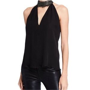 Ramy Brook Raelyn Beaded Dark Blue High Neck Silk Halter Top Small